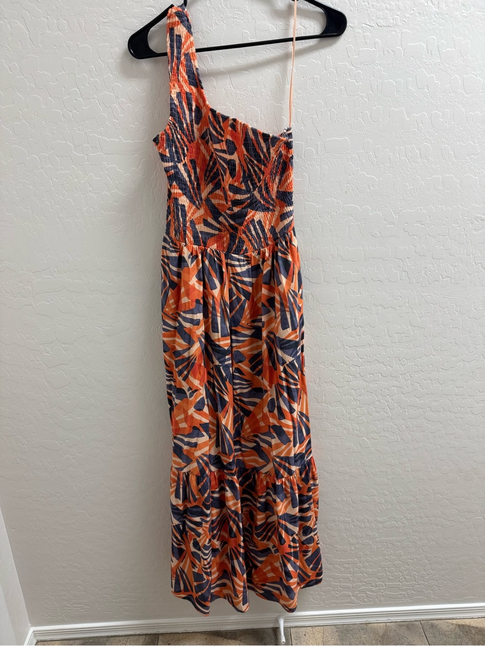 Nine West Orange and Navy One-Shoulder Printed Maxi Dress